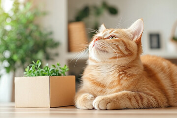 
Full body shot of a baby munchkin cat playing paper box in a white tone living room.