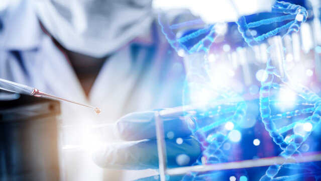 lab technician assistant analyzing a blood sample in test tube to research DNA at laboratory with microscope. Medical, pharmaceutical and scientific research and development concept.	