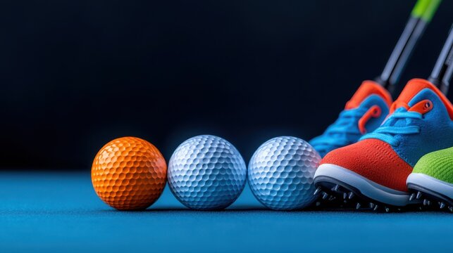 Golf Balls and Golf Shoes on Blue Background