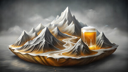 Surreal mountain landscape with beer glass and flowing golden rivers, fantasy concept art