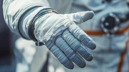 A close-up of a spacesuit's gloves, illustrating the dexterity and functionality needed for tasks in microgravity