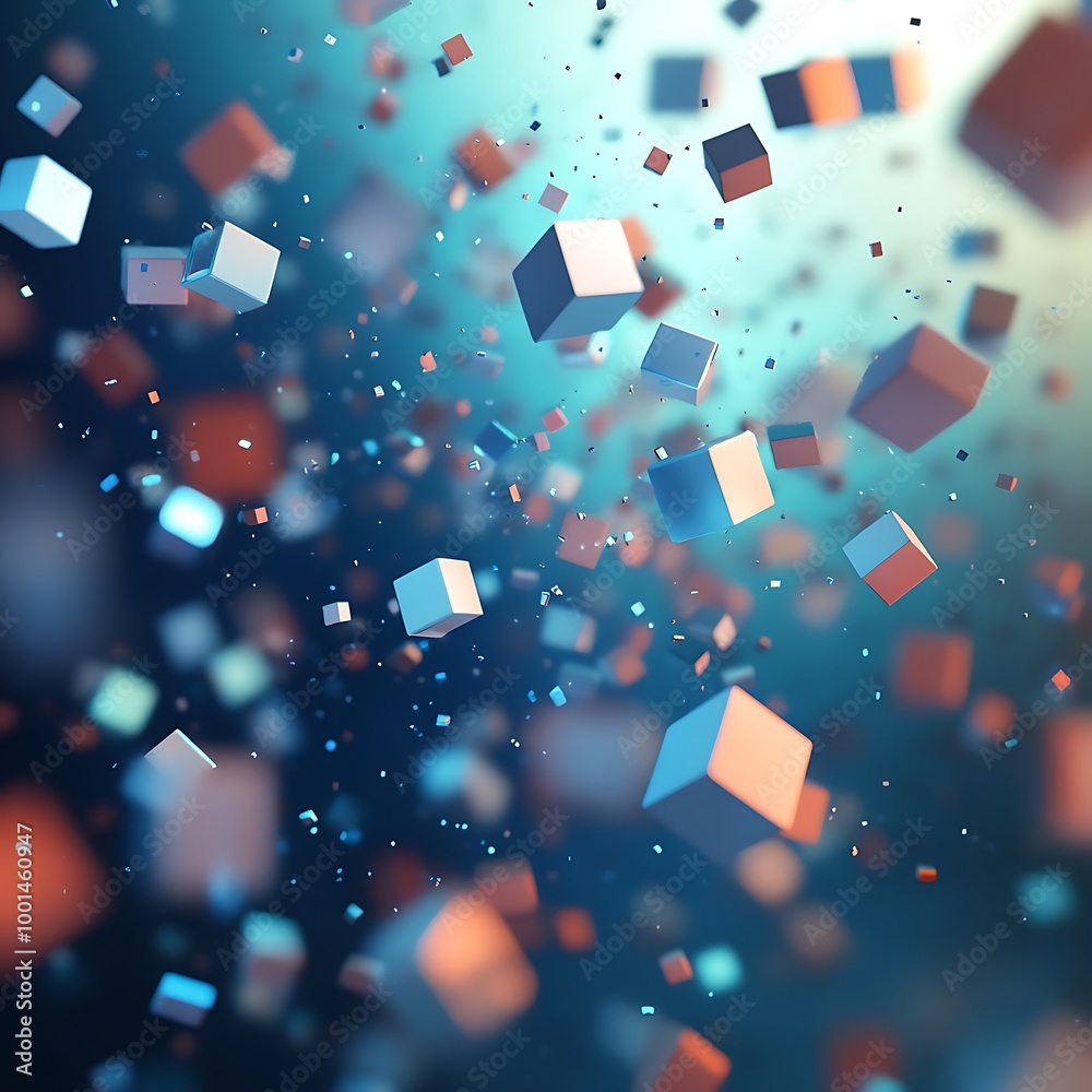 Fototapete Abstract 3d rendering of chaotic cubes. Flying shapes in empty space. Dynamic background with bokeh, depth of field effect. Design for poster, banner