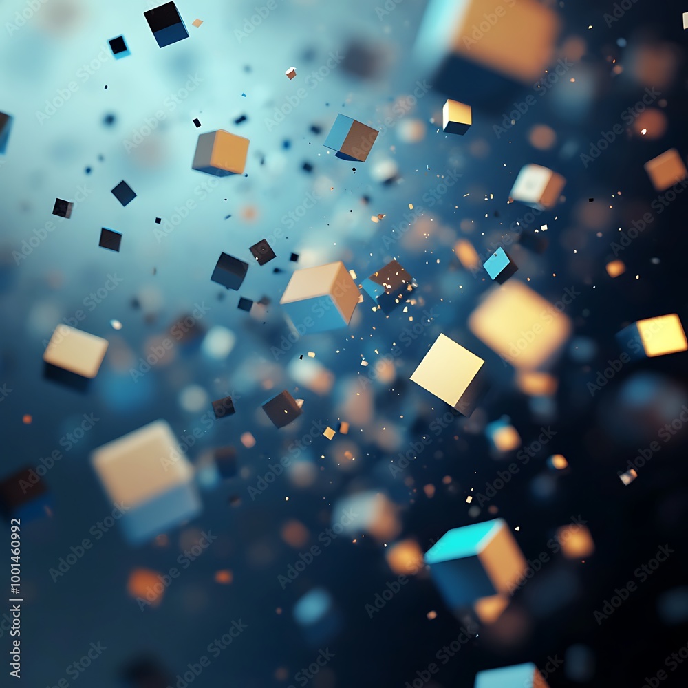 Fototapete Abstract 3d rendering of chaotic cubes. Flying shapes in empty space. Dynamic background with bokeh, depth of field effect. Design for poster, banner