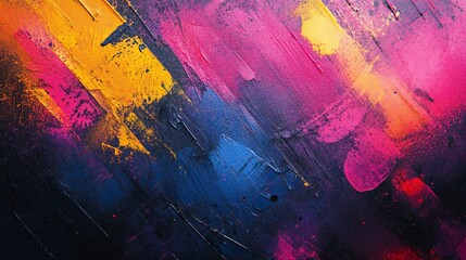 Abstract colorful acrylic paint strokes on a black canvas with yellow, blue, and pink shades.