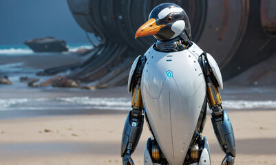 A robot penguin stands on a sandy beach, looking out at the ocean