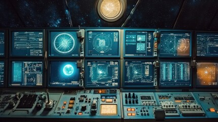 A close-up of an observatory control panel, filled with screens displaying data from ongoing astronomical observations