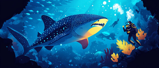 Fototapeta premium scuba diver explores vibrant underwater scene, encountering massive fish with striking patterns. colorful corals and marine life create captivating atmosphere