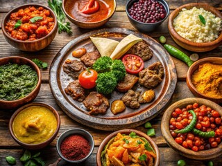 Colorful Ethiopian Food Spread Featuring Traditional Dishes and Ingredients on a Rustic Tabletop