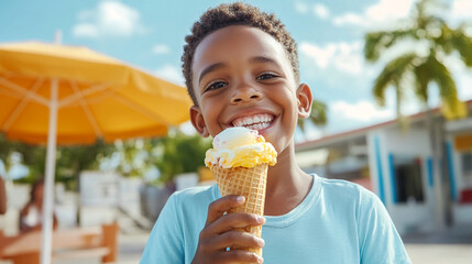 
Child with a big smile eating a colorful ice cream cone