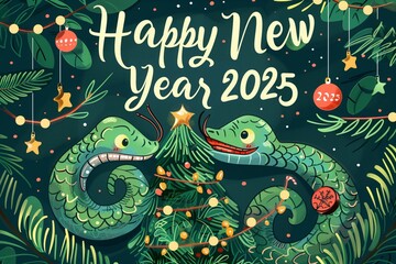 A colorful drawing of a Christmas tree with a snake wrapped around it