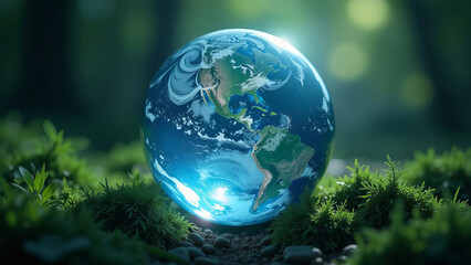 Blue glowing glass planet earth on green natural background, backlight, ecology concept