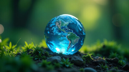 Blue glowing glass planet earth on green natural background, backlight, ecology concept