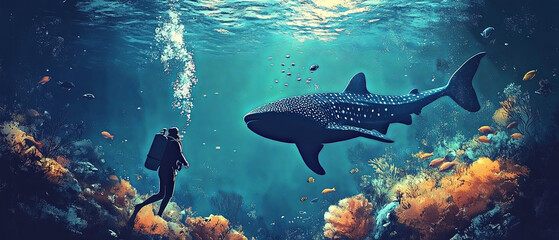 Diver encountering giant fish in vibrant underwater scene filled with colorful coral and marine life. serene atmosphere evokes sense of wonder and adventure