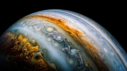 A close-up of Jupiter equator, showing the vibrant, swirling gas bands and complex weather systems moving across the planet