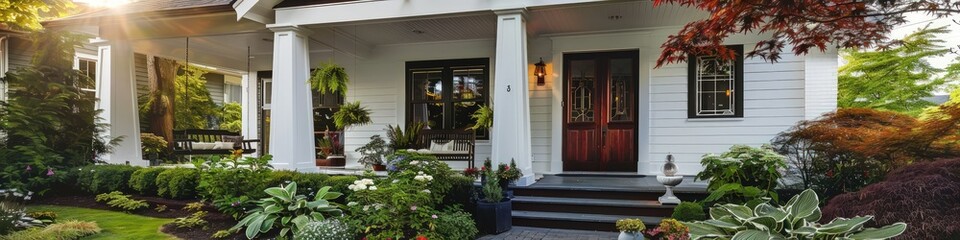 Bright white Craftsman-style home with dark wood accents, a front porch swing, and a lush garden.