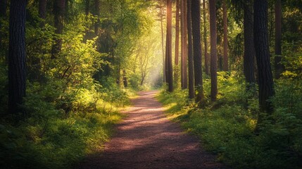 Serene forest pathway with tall trees, soft sunlight, and vibrant greenery on either side