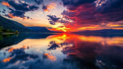 Stunning sunset over a calm lake with vibrant colors reflected on the water's surface