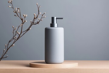 Gray Pump Bottle Mockup on Wooden Platform with Branch