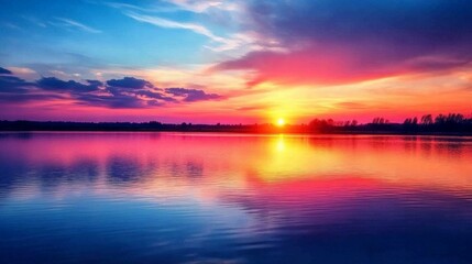 Fototapeta premium Stunning sunset over a calm lake with vibrant colors reflected on the water's surface