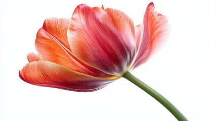 Tulip in full bloom with pink and red gradient petals, isolated on a white background