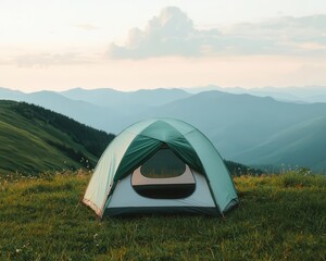 Tent on a grassy mountain slope, early morning light, sense of peace and adventure