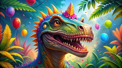 Fototapeta premium Colorful Happy Birthday Dinosaur Illustration for Fun Celebrations and Children's Parties Themes
