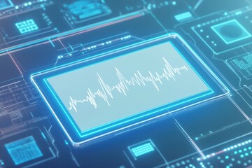 A blue and red electronic device with a blue screen that has a waveform on it