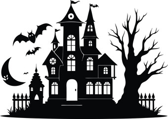 Halloween Haunted house silhouette, scene of ghost mansion. Vector illustration Vector illustration on white background.