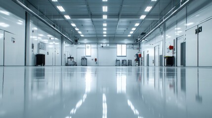 Fototapeta premium Production workshop featuring a fresh epoxy resin floor, reflecting bright overhead lights. Spacious and clean environment, ready for operations.