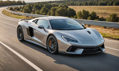 Obraz premium A silver sports car speeds down a winding road in the countryside, its sleek design cutting through the air