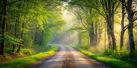 Obraz premium Country road winding through misty forest on a serene spring morning