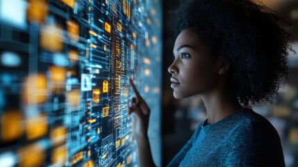 Woman Interacting with Digital Interface   Data  Technology  Innovation   Futuristic Interface