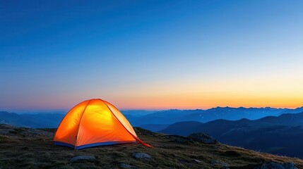 Mountain top camping with a view of distant valleys, sunset hues, peaceful vibe