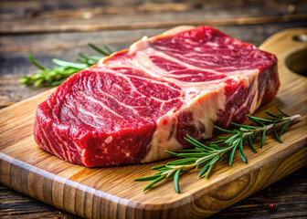 Fototapeta premium Close-up of a raw steak, marbled with rich fat, vibrant red color, detailed texture, and fresh cut on a wooden board