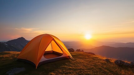 Mountain top campsite with a panoramic sunrise view, peaceful solitude