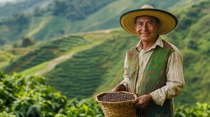 A man in a traditional Colombian sombrero vueltiao and outfit, standing in front of a lush coffee plantation with rolling hills.