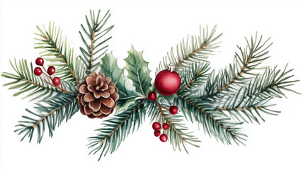 Watercolor composition of traditional Christmas elements featuring branches, red berries, ornaments