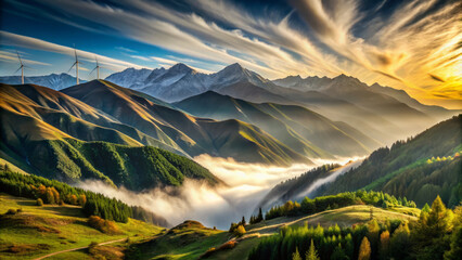 Breathtaking mountain valleys with flowing wind, showcasing majestic peaks and lush greenery. scene captures beauty of nature, with clouds rolling through valleys at sunset