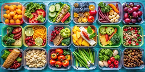 Colorful lunch box graphic with healthy food items, fruits, and vegetables for meal prep ideas