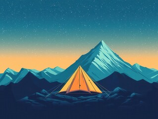 Camping scene on a rocky mountain summit, clear night sky filled with stars, peaceful