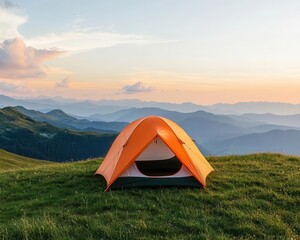 Tent on a grassy mountain summit, evening mist, serene and adventurous