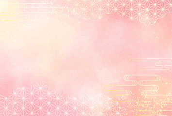 春　お正月　年賀状　和柄　水彩　ピンク・金・雲　背景