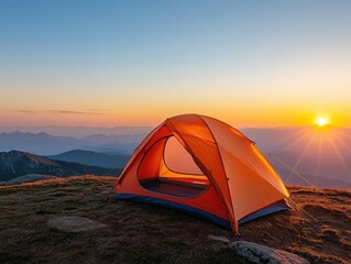 Mountain top campsite with a panoramic view, peaceful and expansive