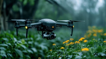 Drone Flying Over Yellow Flowers in the Rain