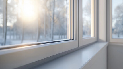  Close-up of modern insulated windows in a home, Double-pane glass with condensation prevention