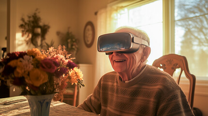 Smiling elderly man using virtual reality headset at home