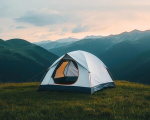 Tent on a grassy mountain summit, evening mist, serene and adventurous