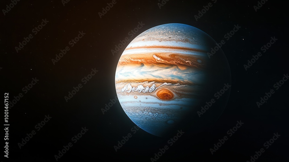 Wall mural a distant view of jupiter from space, its massive size and colorful atmosphere glowing against the b