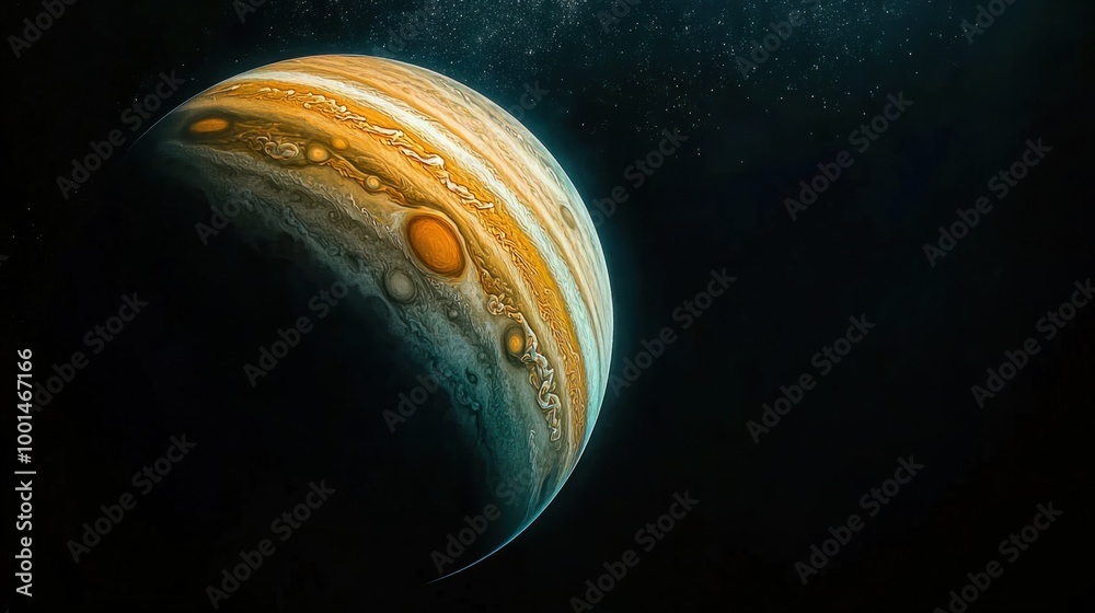 Wall mural a distant view of jupiter from space, its massive size and colorful atmosphere glowing against the b