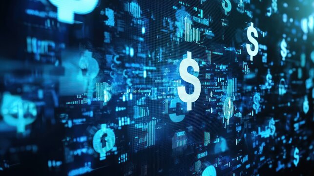 An abstract representation of a wire transfer with digital elements and symbols related to financial transactions.